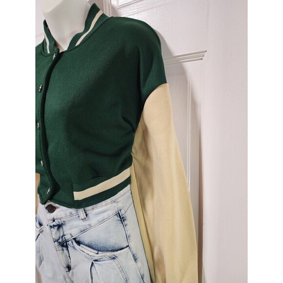 Shein Colorblock Drop Shoulder Crop Varsity Jacket Dark Green - Picture 9 of 9